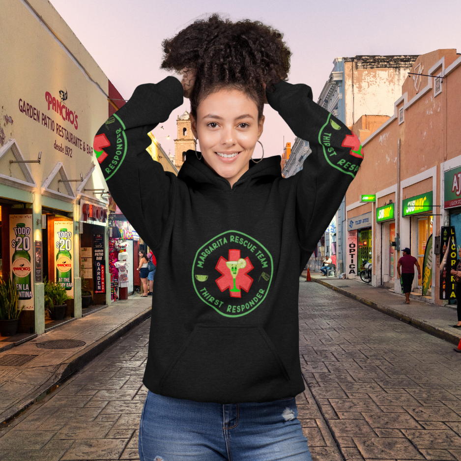 Girl with black hoodies with Margarita Rescue Team logo on the front, back and sleeves